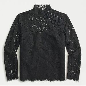 J.Crew Black Mockneck Top in Floral Lace with Bow Accents, Size 2